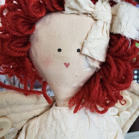Darling Vintage Primitive Shelf Sitter Red Hair Angel Rag Doll 22" Christmas - Picture 1 of 9